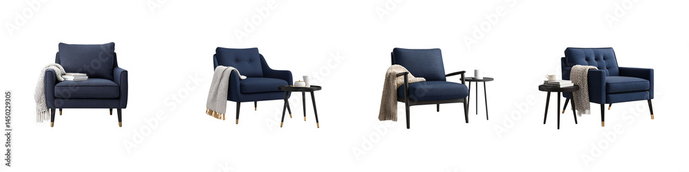 Fototapeta premium Modern navy blue armchairs in a stylish living room setting.