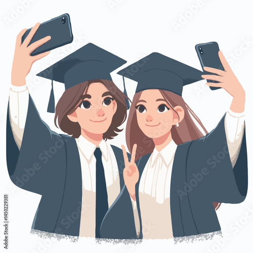 Two smiling graduates taking selfies in gowns and caps