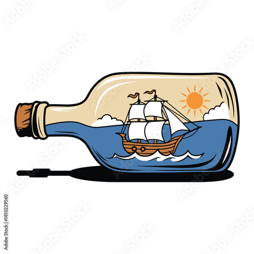 Vintage Sailing Ship in Bottle Cartoon Illustration