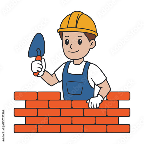 Cartoon Bricklayer Building Wall Vector Illustration