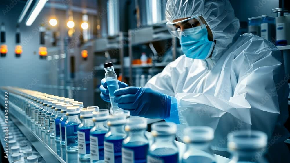 A scientist wearing a mask, gloves, and protective suit examines vials of blue liquid on a production line. Clean room with automated machinery. Focus on quality control in laboratory. A scientist wearing a mask, gloves, and protective suit examines vials of blue liquid on a production line. Clean room with automated machinery. Focus on quality control in laboratory.