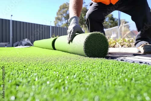 Person installing artificial turf.  A worker in work clothes and gloves is rolling out artificial turf.  The turf is a bright, vibrant green and is being laid on a prepared surface