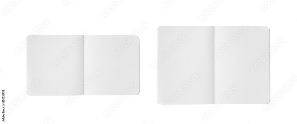 Overhead view of a white notebook clipping showing two spreads: one rectangular, the other square Overhead view of a white notebook clipping showing two spreads: one rectangular, the other square