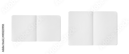 Overhead view of a white notebook clipping showing two spreads: one rectangular, the other square