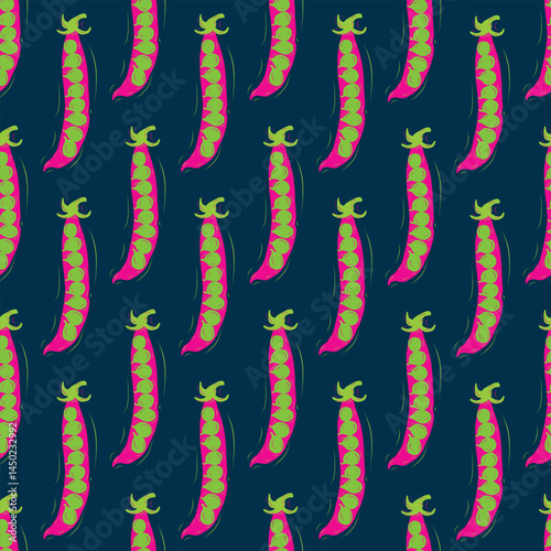 Veggies seamless hand drawn vector pattern with illustrated green peas in vibrant color combination