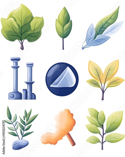 Colorful illustration of leaves, columns, abstract shapes, and a rock