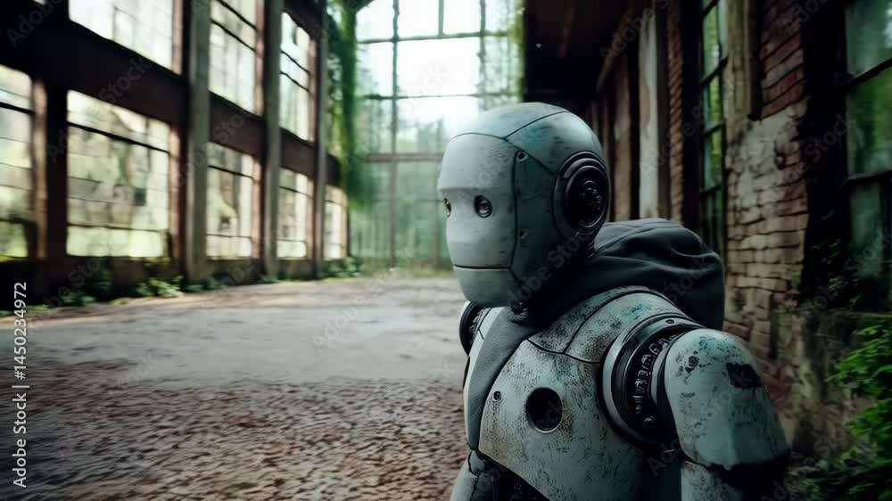Aged metallic robot in hooded sweater observes a glass-enclosed overgrown building, creating an atmosphere of isolation and decay.