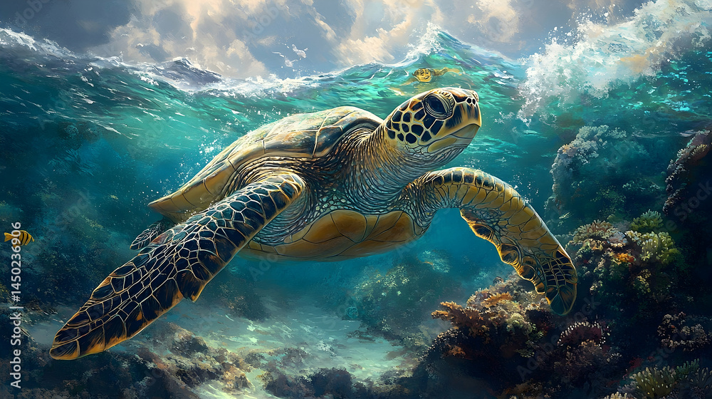 Fototapeta premium Submarine sea turtle amidst vibrant coral reef.