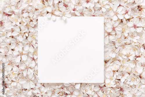 Obraz na płótnie Blank square paper card over white cherry flowers top view, spring wedding mockup w salonie