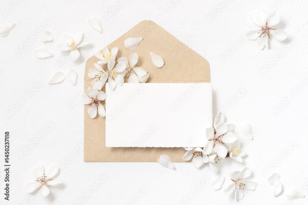 Blank paper card over envelope near white cherry flowers top view, spring wedding mockup