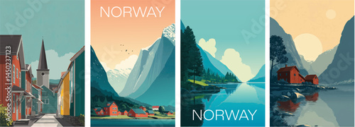 Norway vintage style travel poster set. Collection of scenic art deco retro tourism illustrations
