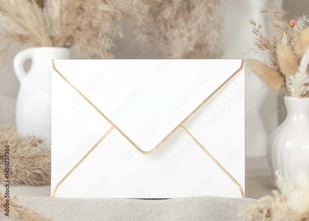 Envelope near dry beige pampas grass on linen closeup, mockup. Bohemian wedding stationery