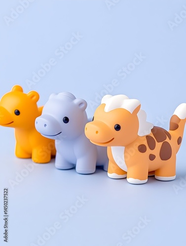 Three adorable cartoon animal bath toys; giraffe, hippo, and horse, arranged on a light blue background