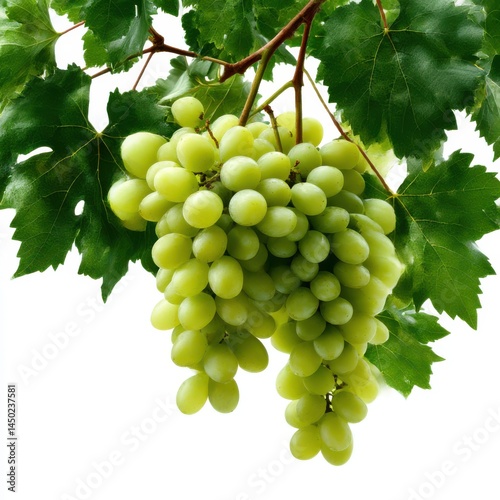 Green grapes hanging from vine on white background