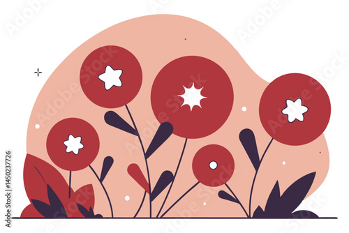 Round flowers filled with flat stylized star patterns inside