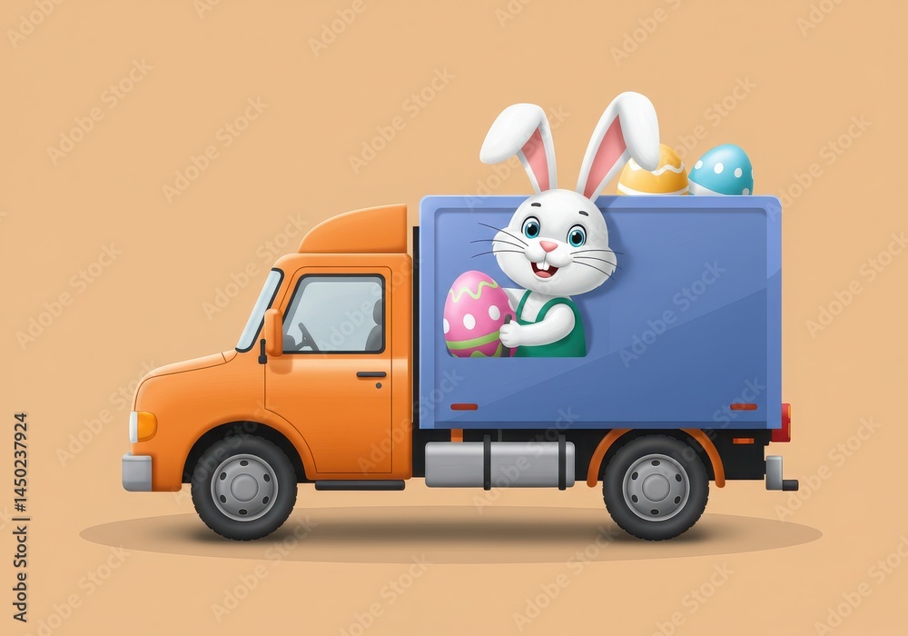 Cartoon easter bunny delivering eggs in a truck illustration Cartoon easter bunny delivering eggs in a truck illustration