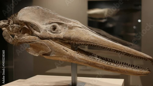 Fossilized skull of an Ichthyosaur displayed in a museum exhibit, showing its sharp teeth and structure.