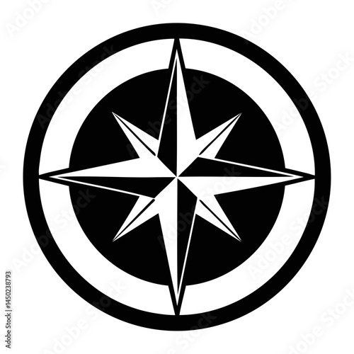 Black and white nautical compass rose vector graphic for direction and orientation design element use case isolated on transparent background
