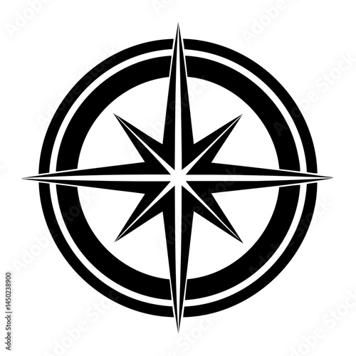 Black and white compass rose vector graphic for navigation direction and travel adventure design element use isolated on transparent background