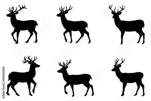 Six Deer Silhouettes with Antlers in Various Poses on White Background