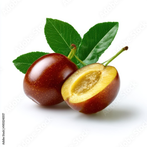 Plums with leaves still life image on white background