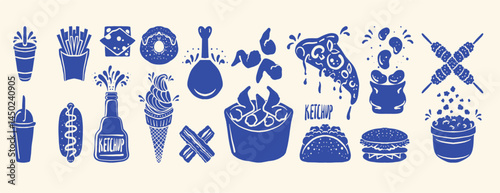 A vibrant food illustration featuring a variety of popular fast food items such as pizza, burgers, hot dogs, tacos, fried chicken, ice cream, and refreshing drinks, styled .