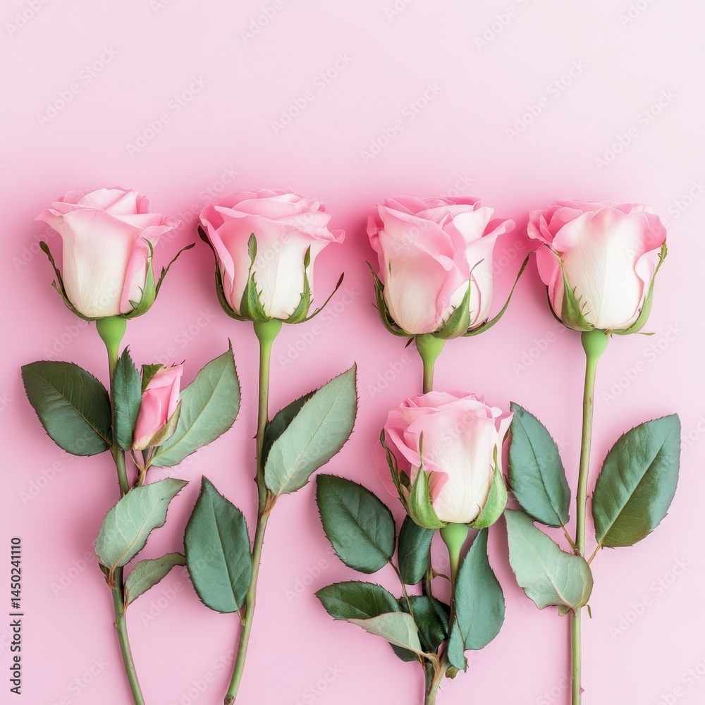 Fototapeta premium Soft Pink Roses Arranged Aesthetically on a Pink Background Showcasing Delicate Petals and Green Leaves with Elegant Composition for Floral Inspiration
