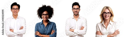 Four diverse professionals or students with folded arms and eyeglasses on transparent background. Suitable for business, education, teamwork, and inclusive commercial content.