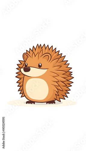 A cartoon hedgehog with brown fur and a small pink nose stands on a white background