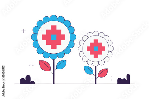 Roundish flowers but built out of chunky soft edged pixels  rounded squares or circles
