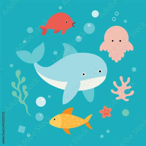 Seamless marine pattern with cartoon fish, octopus, starfish, and jellyfish, a vector illustration of underwater ocean life