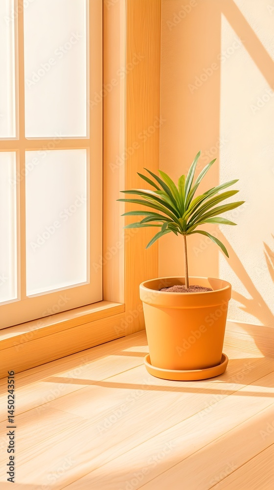 A potted plant sits on a windowsill, bathed in sunlight A potted plant sits on a windowsill, bathed in sunlight