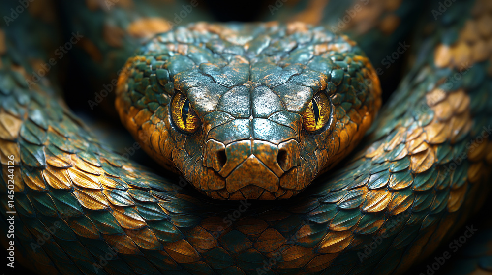 Colorful snake resting on a branch in a tropical forest setting with vibrant scales reflecting sunlight Colorful snake resting on a branch in a tropical forest setting with vibrant scales reflecting sunlight
