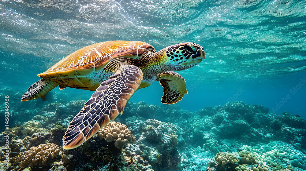 Fototapeta premium Vibrant sea turtle glides through coral reef environment.