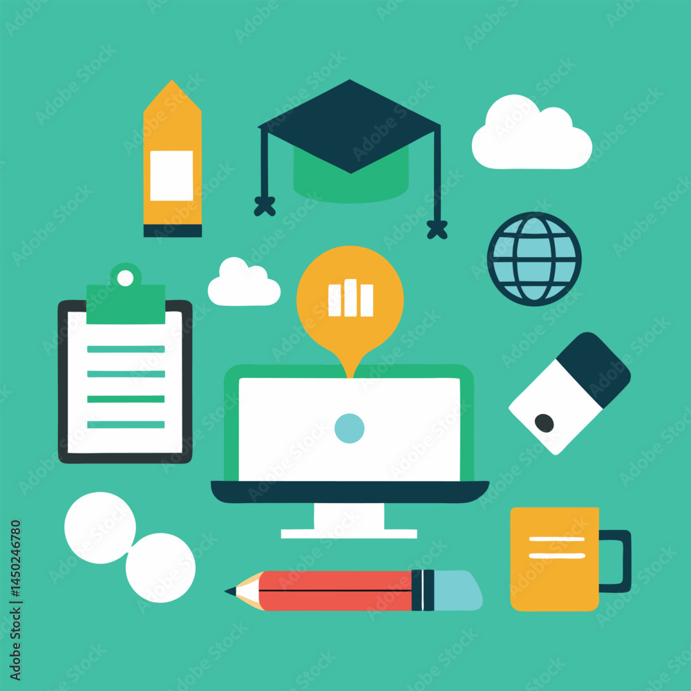Flat web design uses simple flat icons for business, technology, and marketing concepts on computer and mobile websites