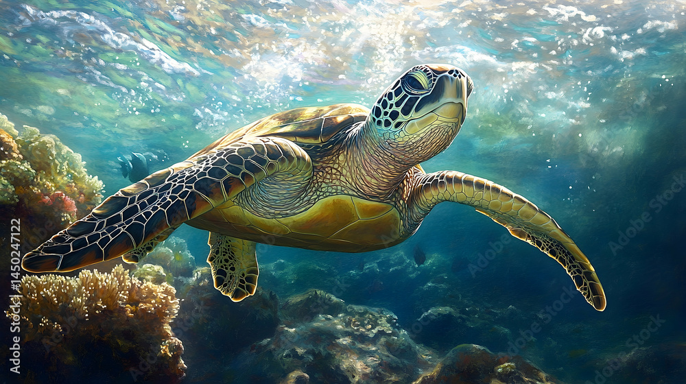 Obraz premium Submerged sea turtle gracefully swimming in coral reef.