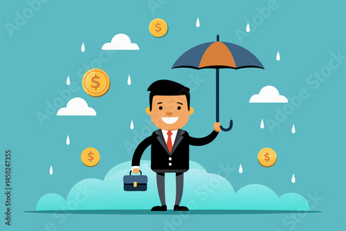 Illustration of a businessperson with umbrella shielding from a money rain. Perfect for finance, profit, and economic growth visuals. Fun and vibrant, ideal for web and print use.