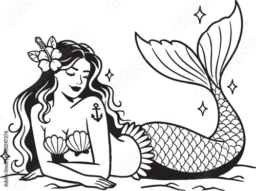 Mermaids Flash Tattoo Vector Set of Traditional Vintage Pinup Mermaid Tattoos Style Clipart for Cricut Procreate plus Single and Color Versions