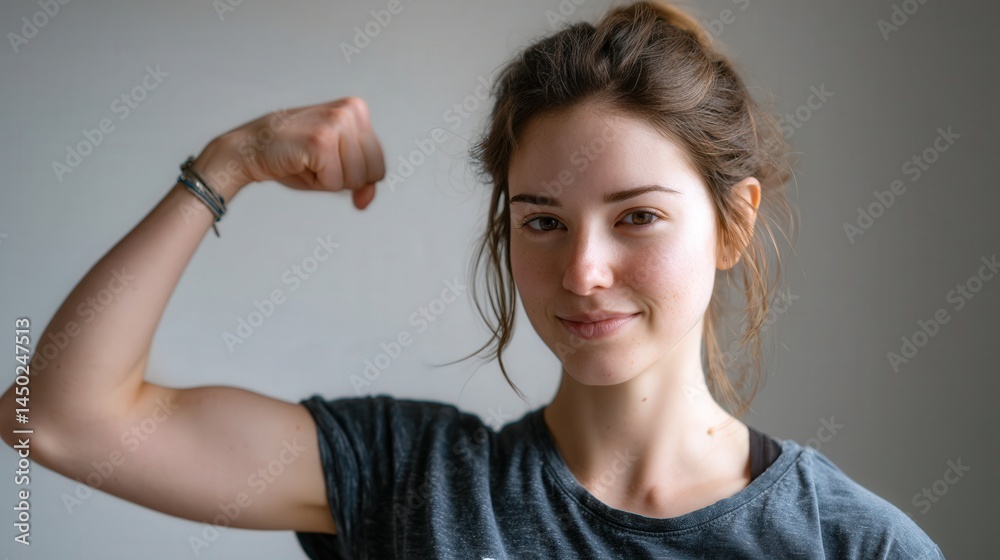 Fototapeta premium Young woman flexing arm confidently, showcasing strength.