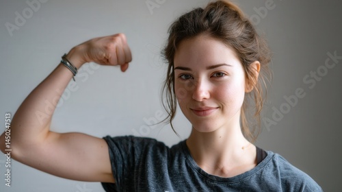 Young woman flexing arm confidently, showcasing strength.