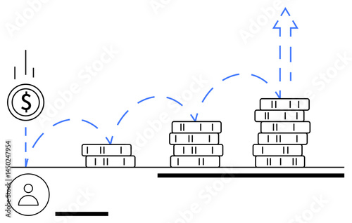 Stacked coins increasing in height with a rising arrow, blue dashed arrows, and dollar sign, symbolizing financial growth, savings, investment, success, wealth strategy and planning. Ideal