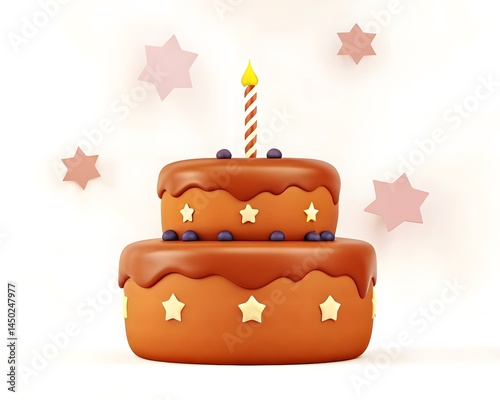 Festive 3D Birthday Cake Icon with Chocolate Frosting, Candle, Blueberries, and Star Decorations for Celebration Design and Party Branding Projects