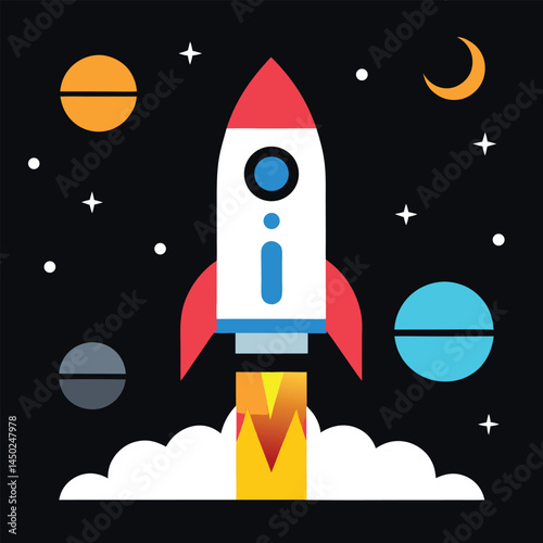 A cartoon rocket spaceship flies through the night sky filled with stars and planets on its space travel