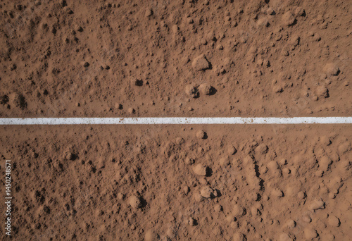 Close-up view of a dirt sports field with a white line marking the boundary during daylight hours