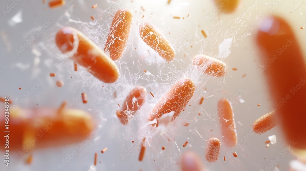 Futuristic artistic depiction of superbugs evolving thick protective biofilm shields advanced resistance mechanisms against antibiotics glowing biotech visual on sterile white background no text Futuristic artistic depiction of superbugs evolving thick protective biofilm shields advanced resistance mechanisms against antibiotics glowing biotech visual on sterile white background no text