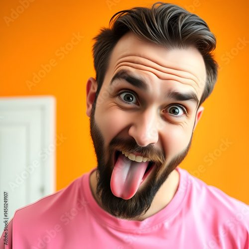 Portrait of bearded man showing out tongue and looking at camera with naughty disobedient grimace, making face, wearing pink T-shirt. Indoor studio shot isolated on orange background.