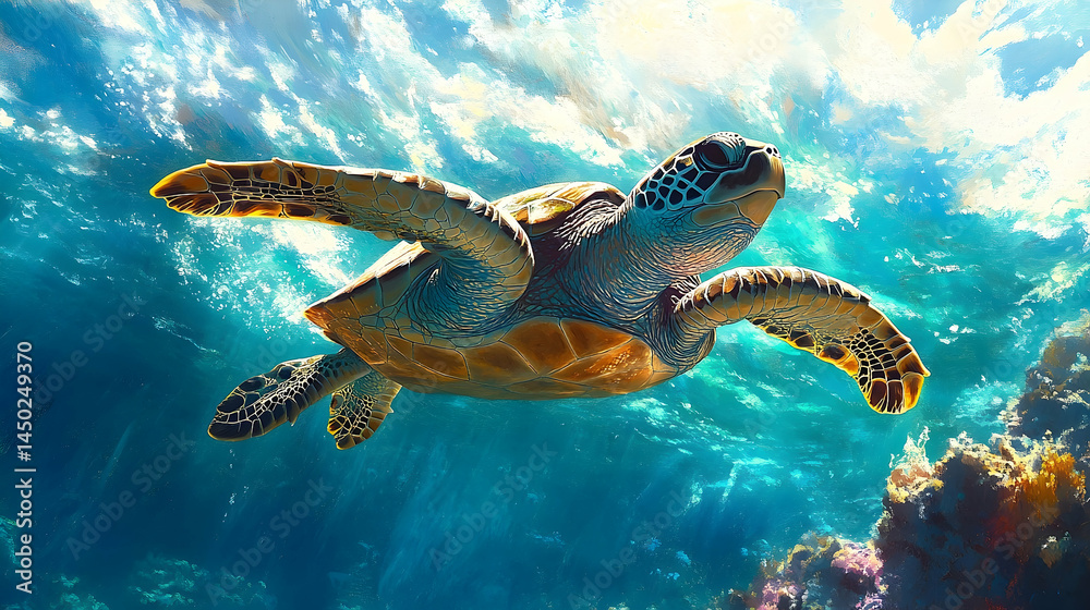 Obraz premium Submerged sea turtle swimming in vibrant ocean.