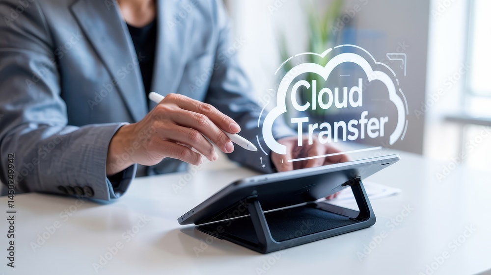 Businessperson interacts with a cloud transfer application on a tablet. Businessperson interacts with a cloud transfer application on a tablet.