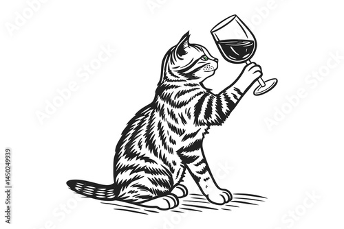 Anthropomorphic feline sniffing red wine sketch vector art on a white background