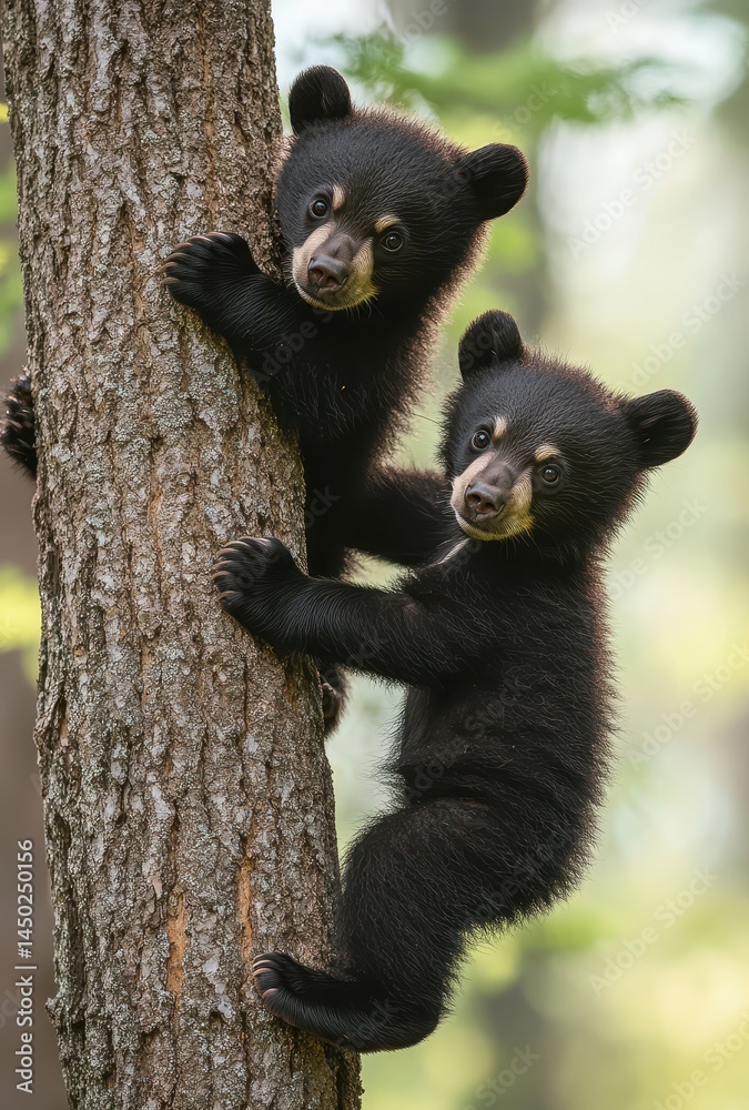Obraz premium Two Adorable Black Bear Cubs Playfully Climbing a Tree in a Lush Forest Setting During Springtime with Soft Natural Light and Green Foliage